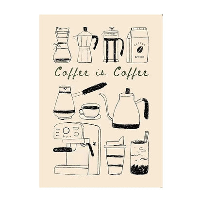 Illustrations of coffee-making equipment and a carton labeled 'Coffee is Coffee' on a beige background.