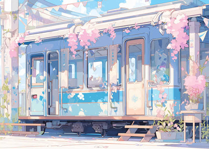 Decorative blue train with pink flowers and plants on a clear day