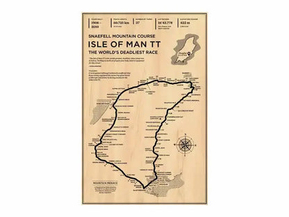 Map of Isle of Man TT race course on a wooden plaque with text and graphics.