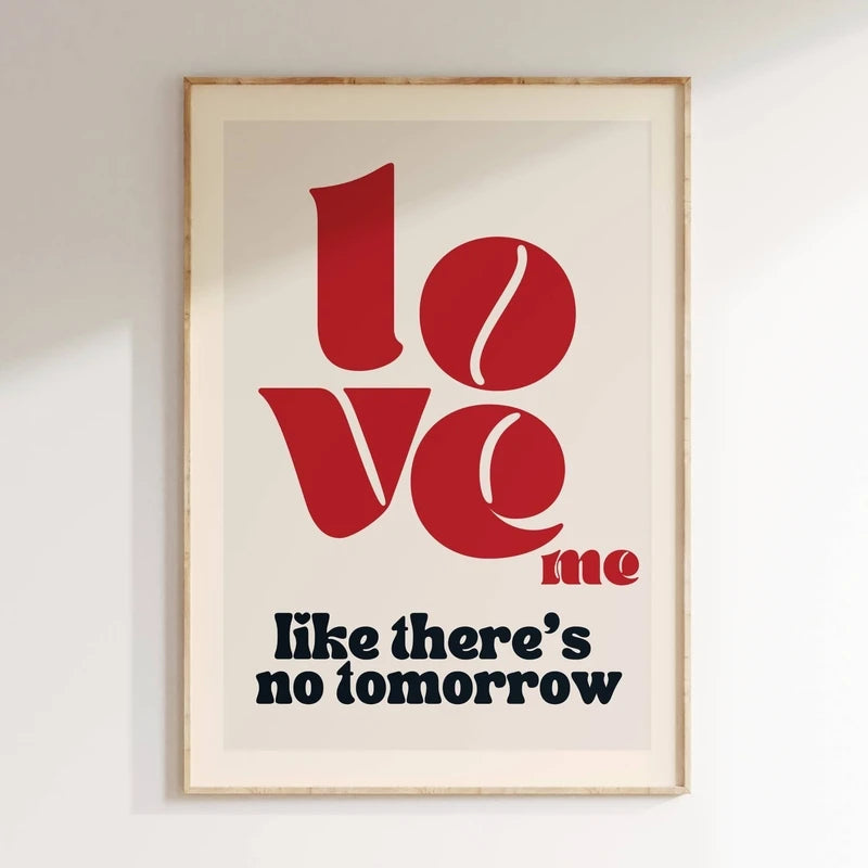 Framed poster with red and black text on a white background