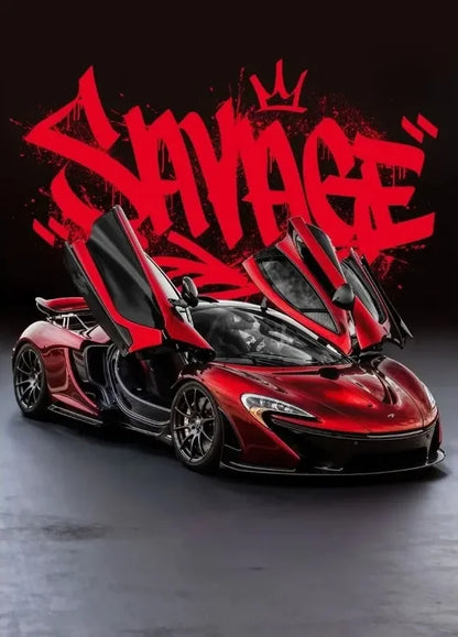 Red sports car with 'Savage' text in red on a black background