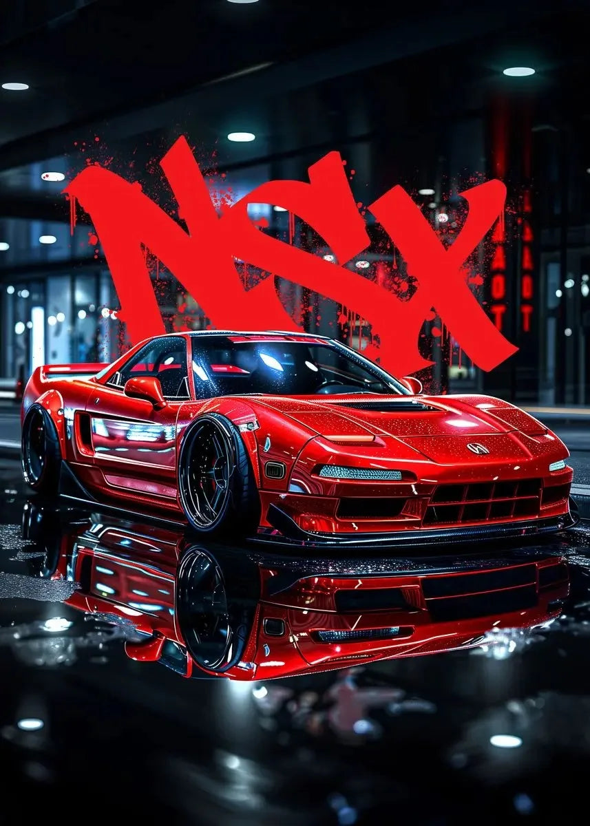 Red sports car with 'NSX' logo in a dark, urban setting