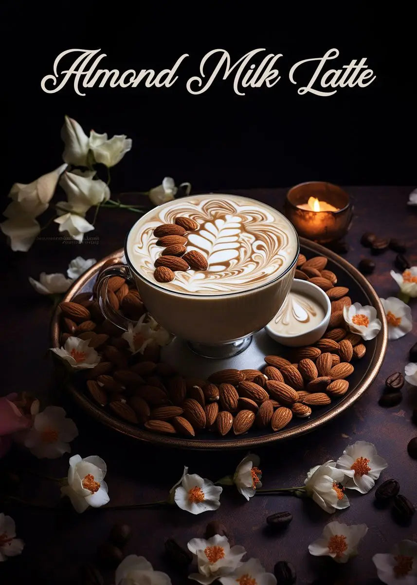Almond milk latte with almonds and flowers on a dark background