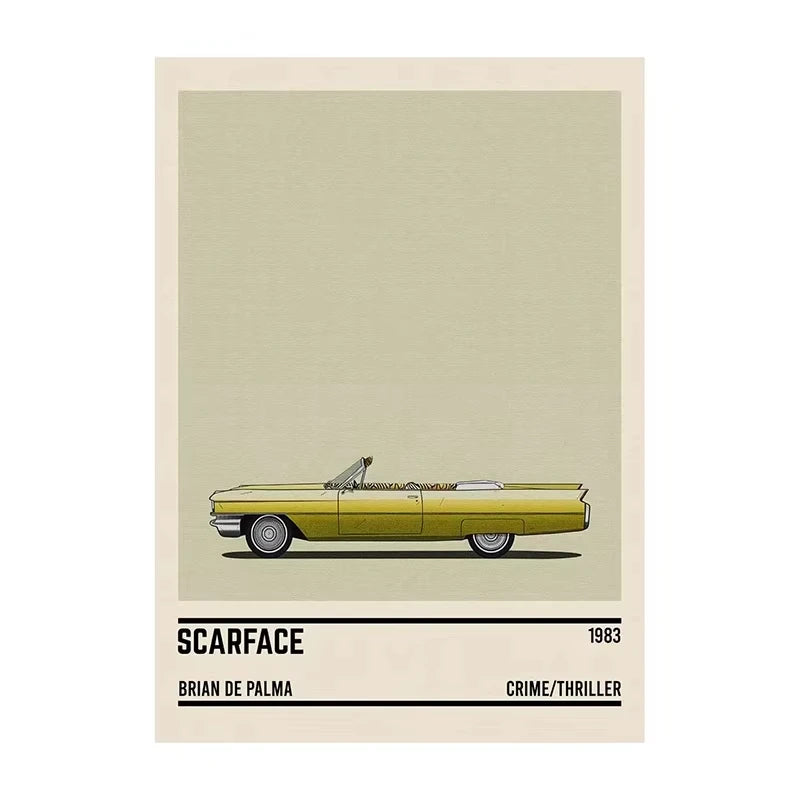 Poster of a yellow car with 'Scarface' movie information on a beige background
