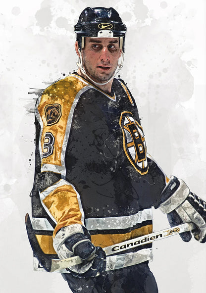 Hockey player in a black, gold, and white uniform with a helmet and gloves on a light gray background.
