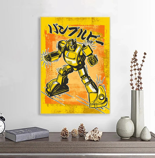 Poster of a robot with Japanese text on a wall above a shelf with decorative items. Canvas & Curio