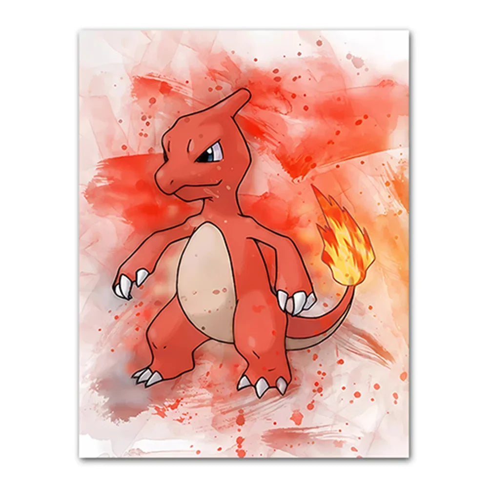 Illustration of a red dragon-like creature with flame on a watercolor background