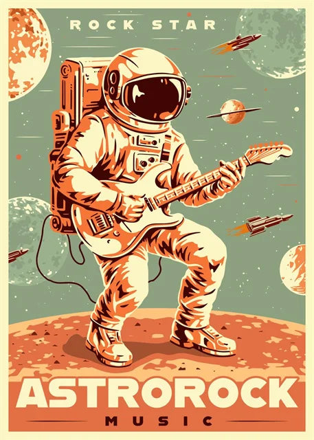 Illustration of an astronaut playing guitar on a planet with space-themed elements and 'Rock Star Astrorock Music' text.