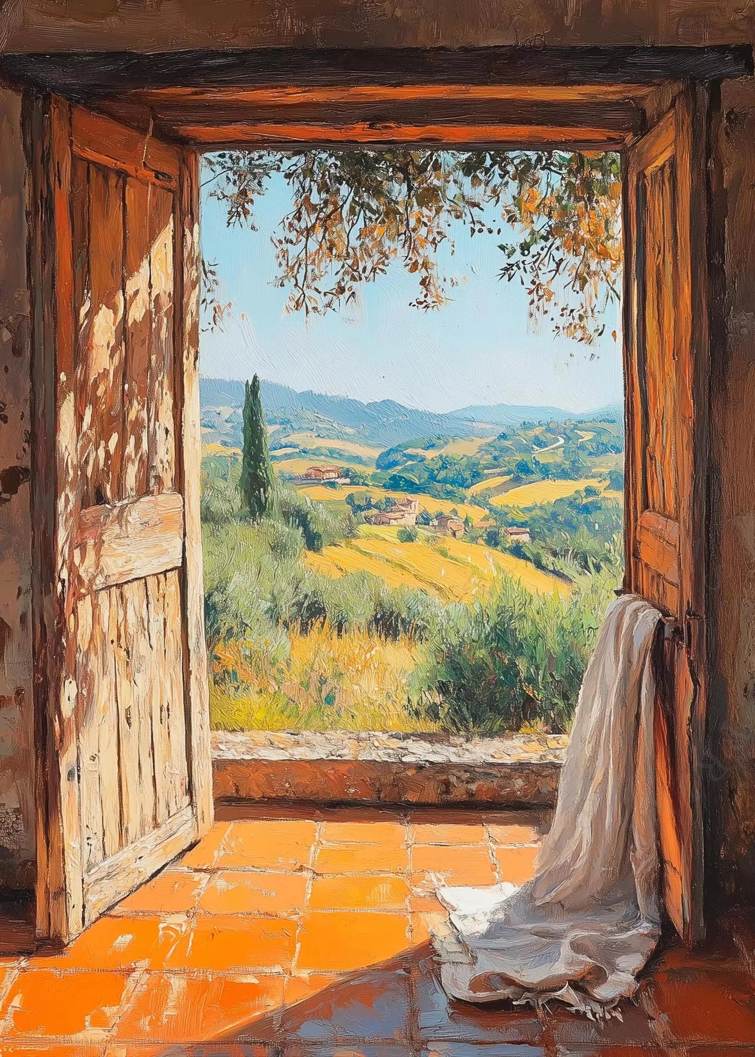 View of a scenic landscape from an open wooden door with tiled floor.