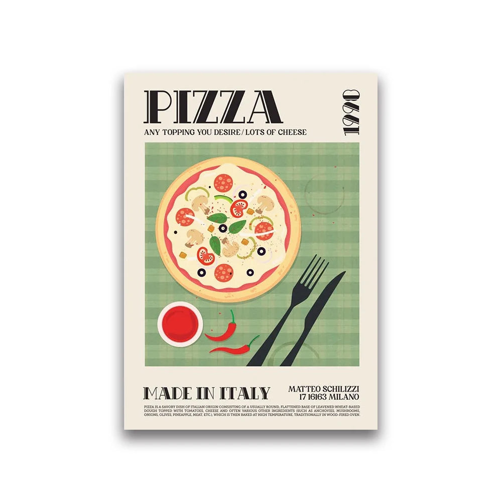 Poster of a pizza with text and graphics on a white background