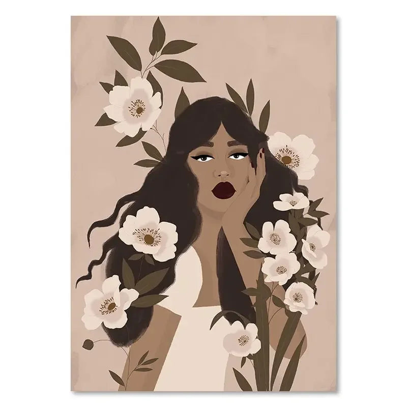 Illustration of a woman with flowers in her hair on a beige background