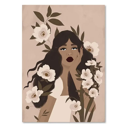 Illustration of a woman with flowers in her hair on a beige background
