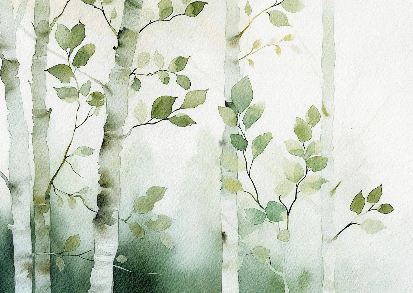 Artistic depiction of green leaves and branches on a white background