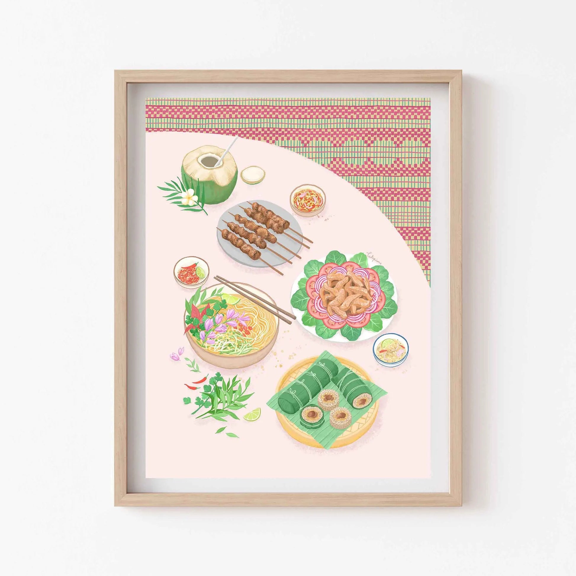 Framed artwork of various food items on a white background