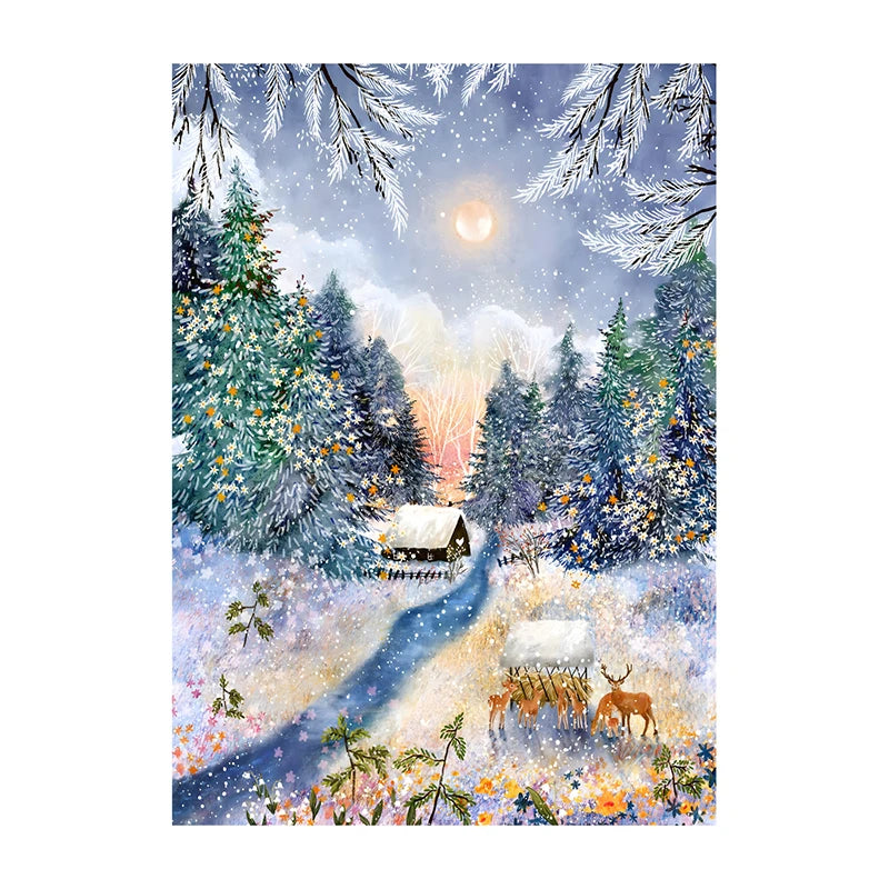 Winter scene with a cabin, deer, and snow-covered trees under a full moon.