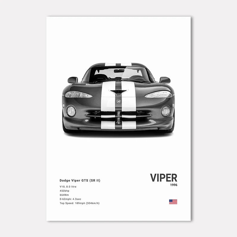 Poster of a Dodge Viper GTS with branding and model details on a white background