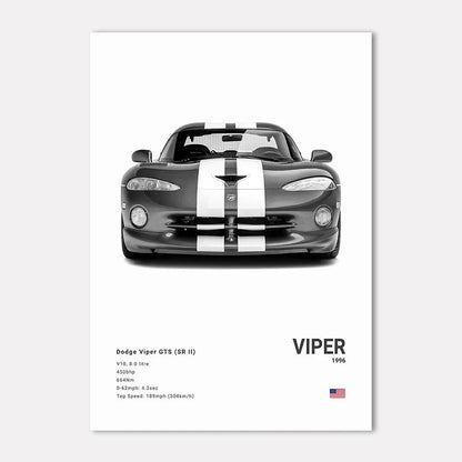 Poster of a Dodge Viper GTS with branding and model details on a white background