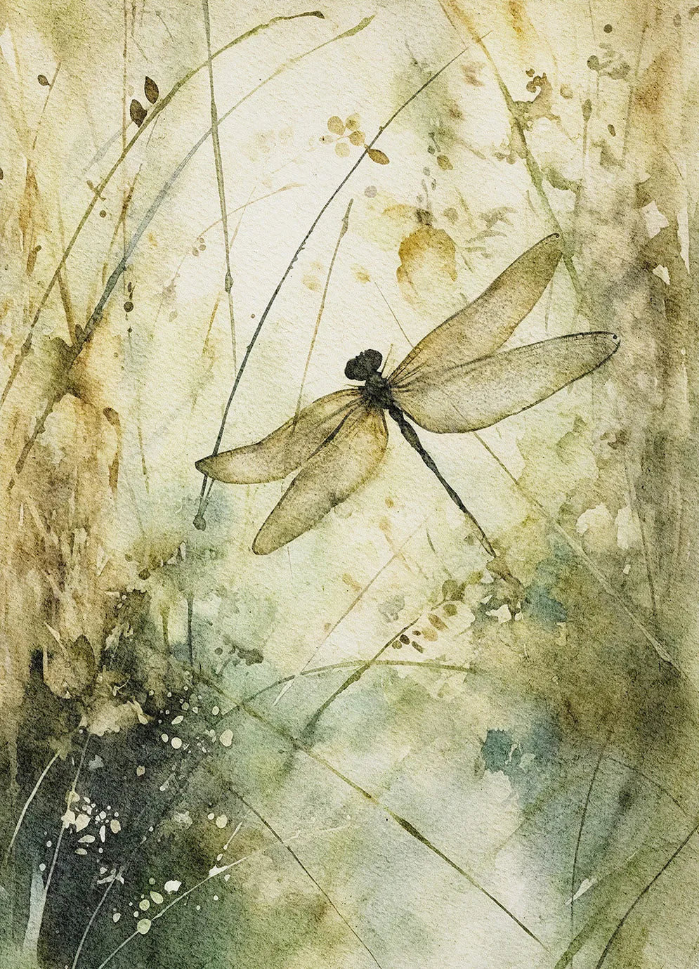 Artistic depiction of a dragonfly on a textured background