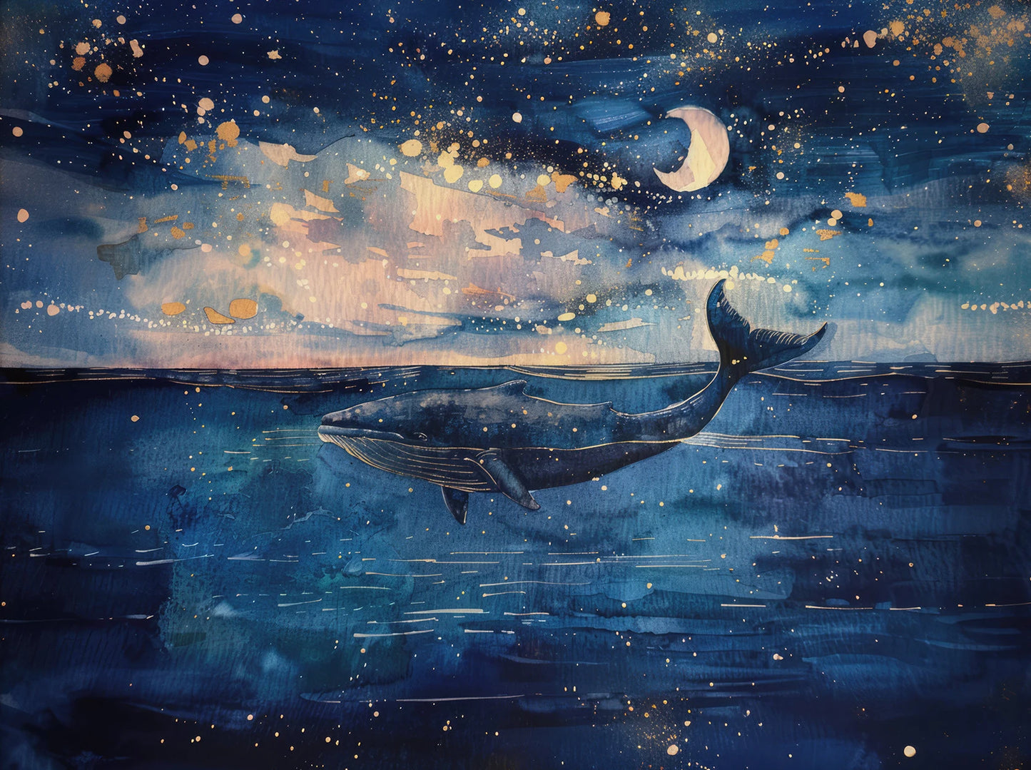 Whale swimming in the ocean under a starry night sky with a crescent moon.