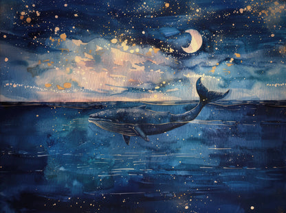 Whale swimming in the ocean under a starry night sky with a crescent moon.