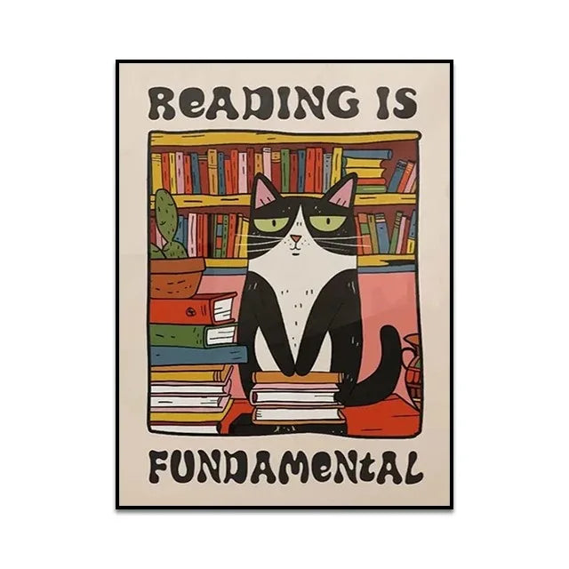 Poster with a cat sitting on books and 'Reading is Fundamental' text.