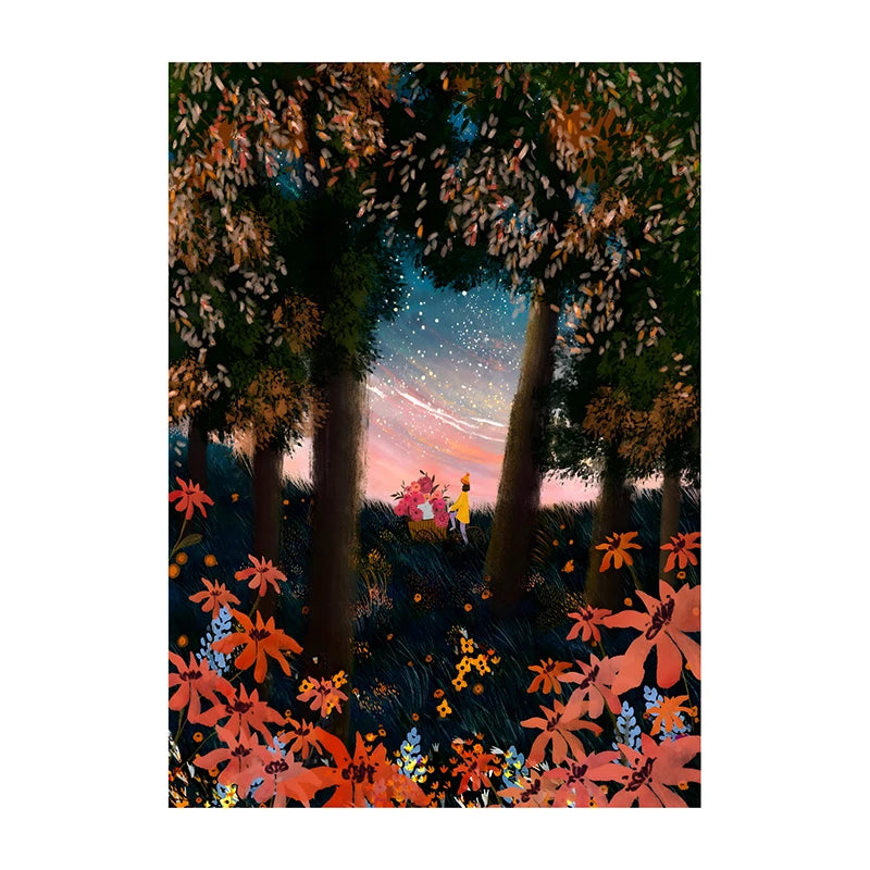 Illustration of a forest scene with colorful flowers and a starry sky.