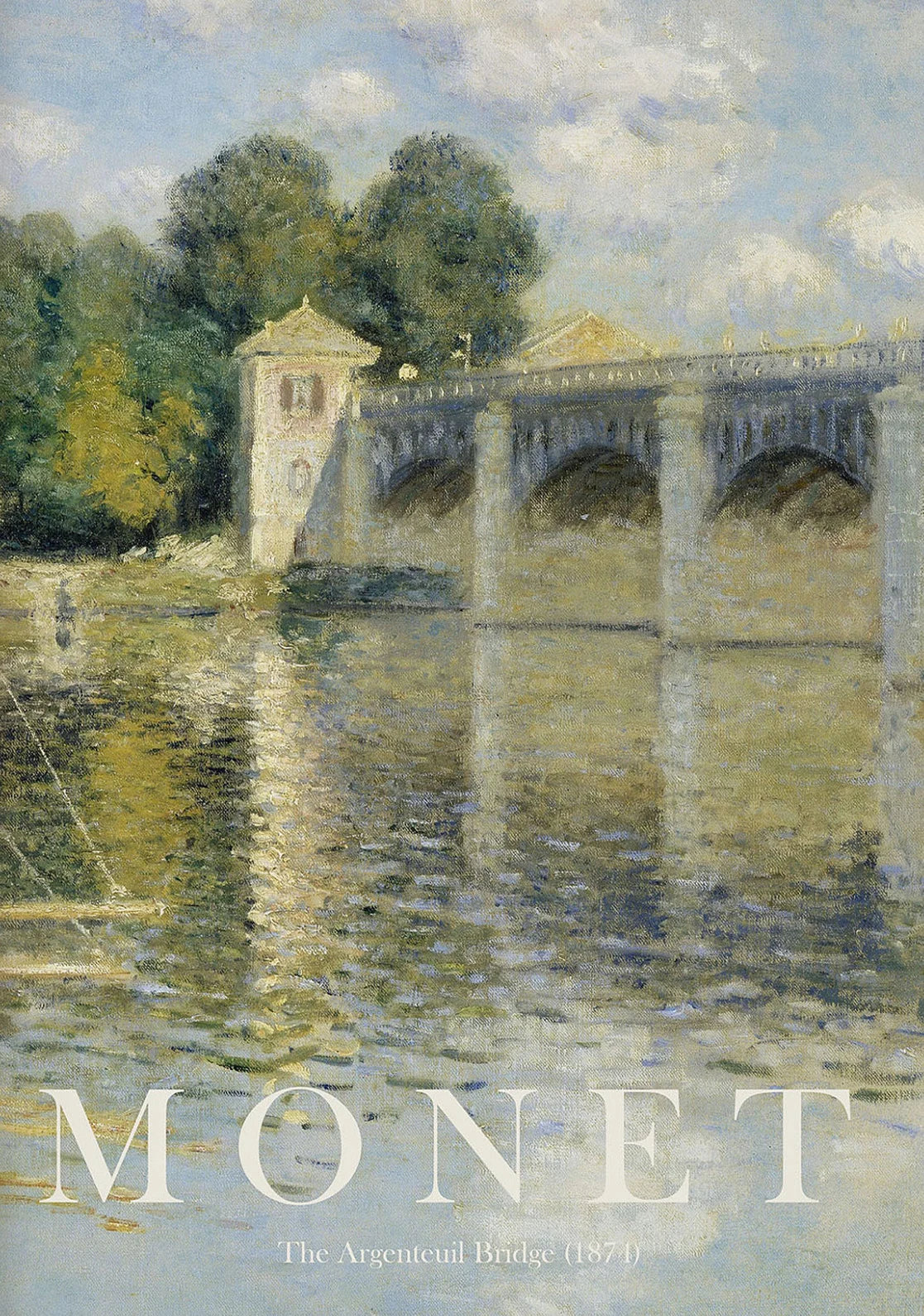 Painting of a bridge over water with trees and a building in the background, featuring the artist's name.