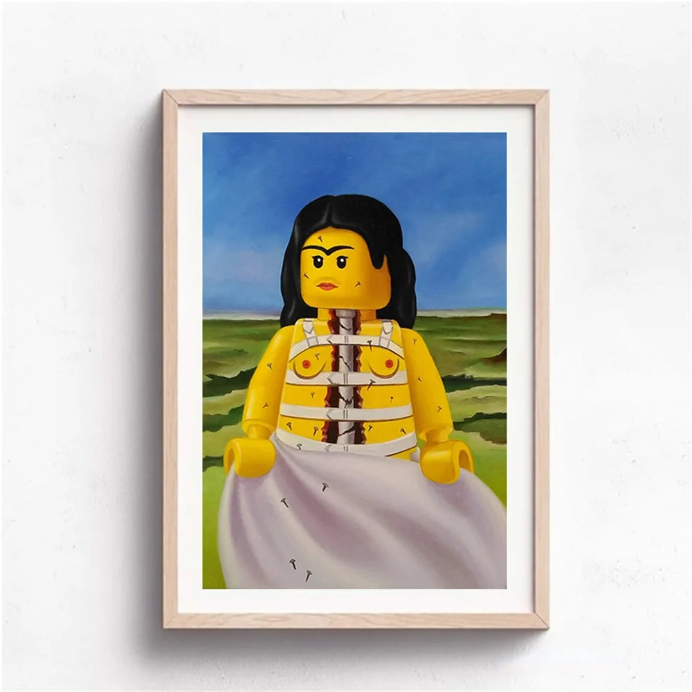 Framed artwork of a LEGO figure with a scenic background