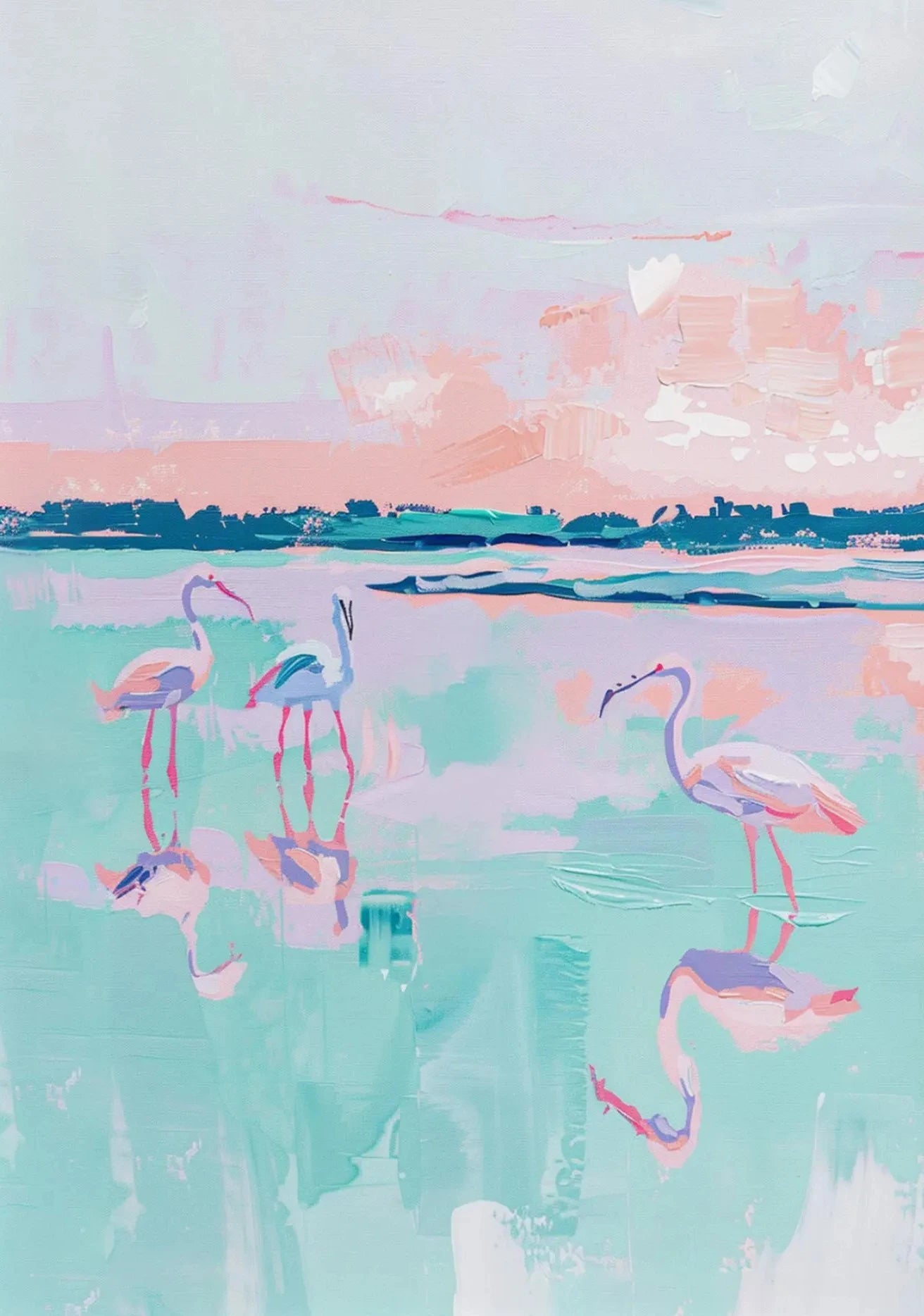 Artistic depiction of flamingos in a watercolor style with pastel colors.