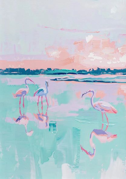 Artistic depiction of flamingos in a watercolor style with pastel colors.
