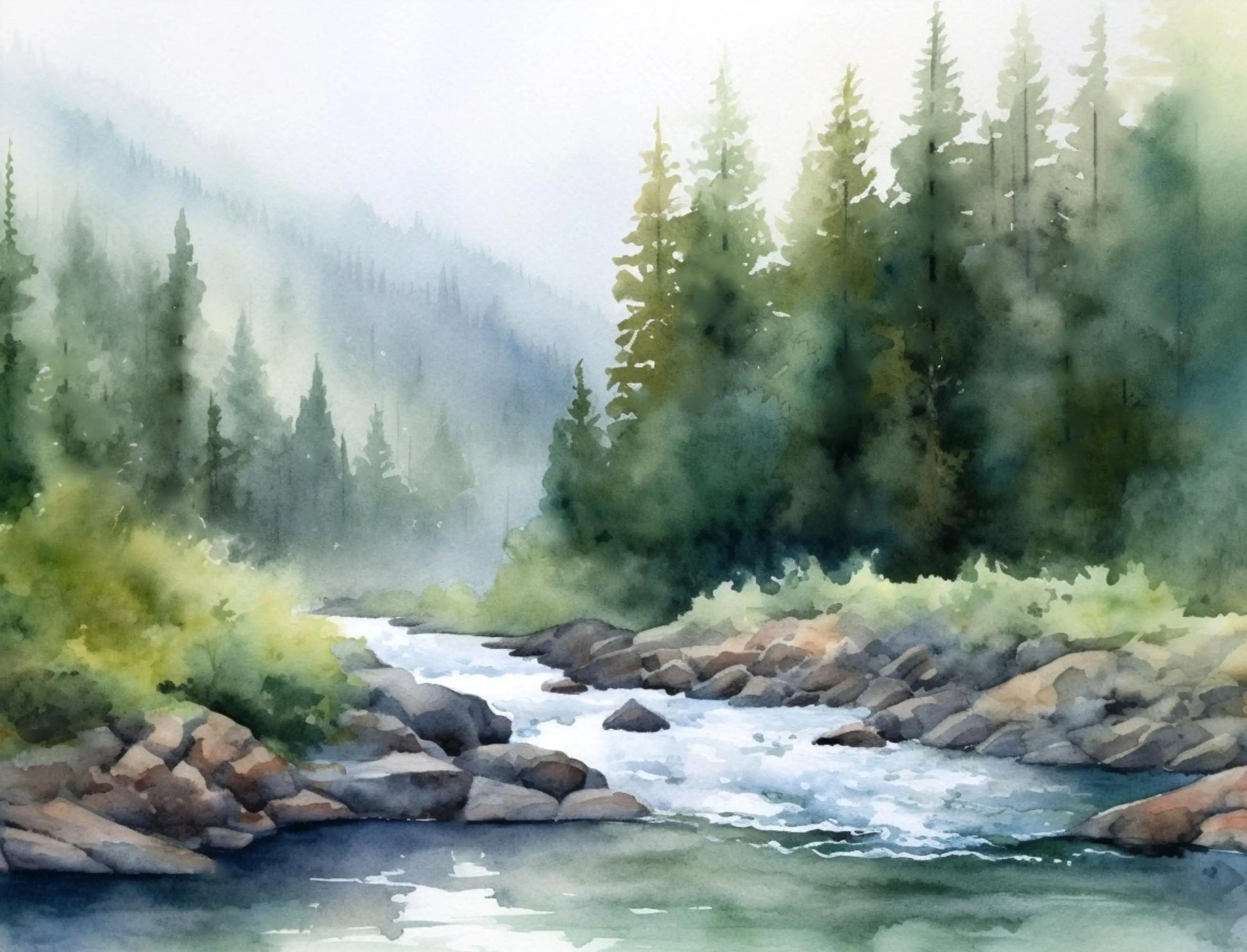 Watercolor painting of a forest stream with rocks and trees