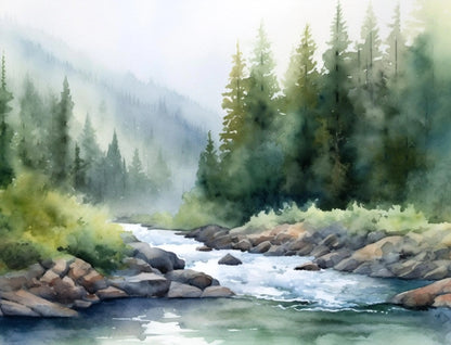 Watercolor painting of a forest stream with rocks and trees
