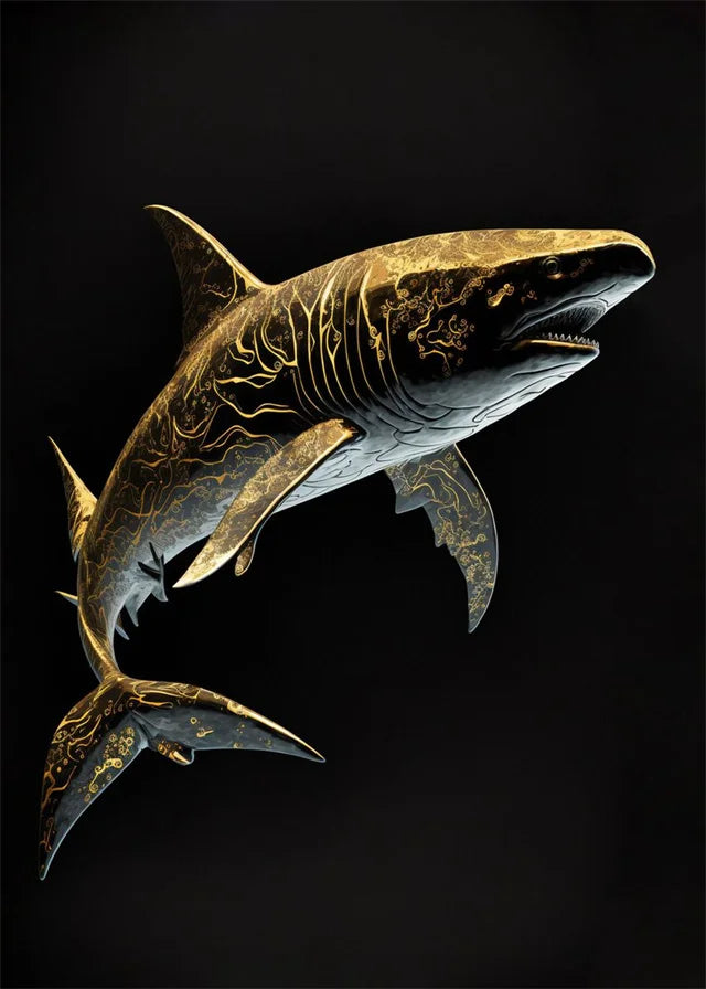 Decorative shark sculpture with intricate patterns on a black background