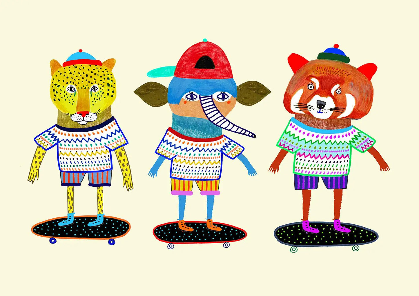 Three cartoon animals wearing colorful sweaters and hats, standing on skateboards.