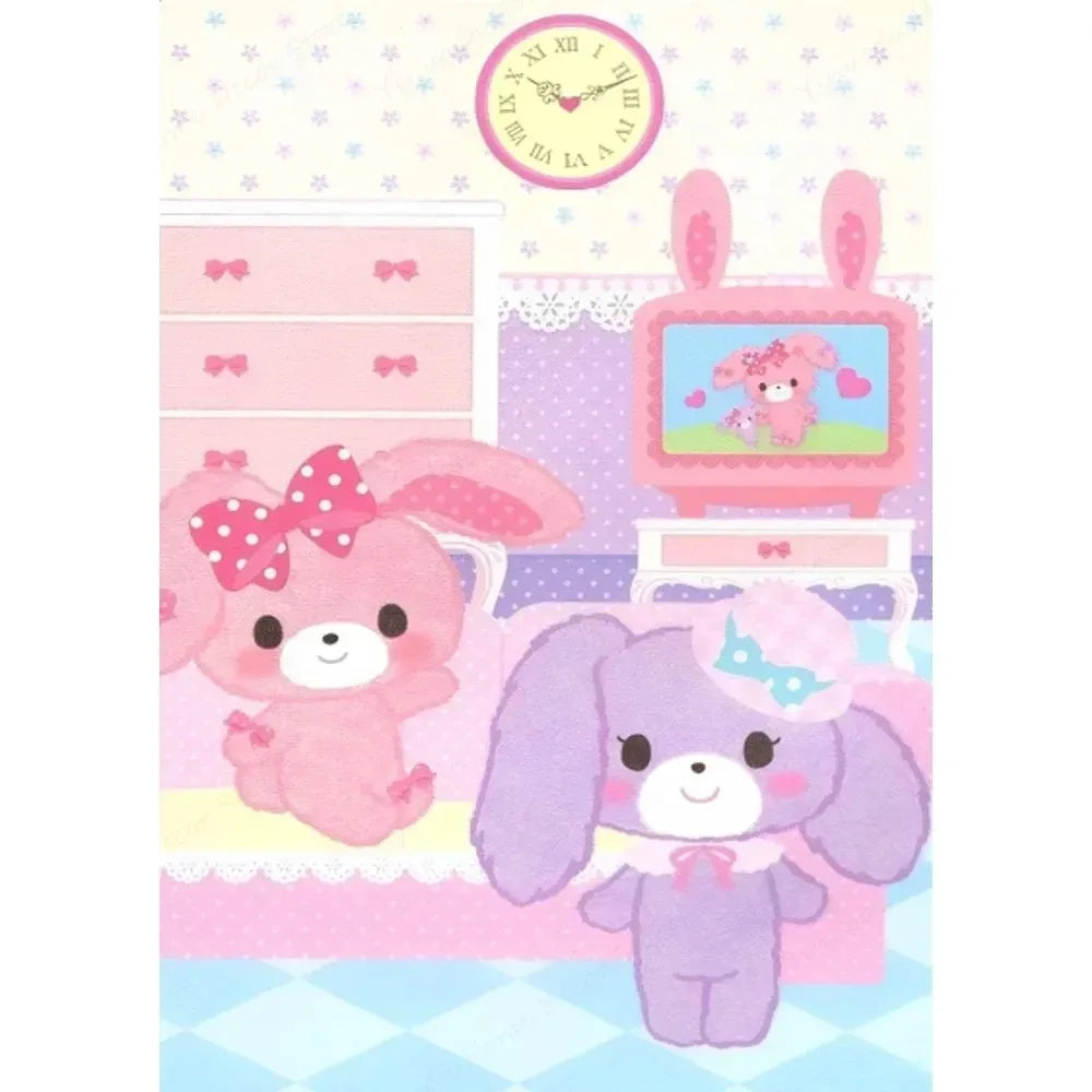 Cartoon teddy bears with bunny ears in a room setting with a clock and TV.