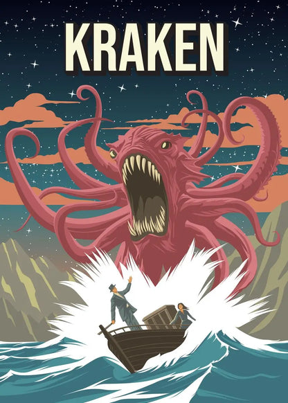 Illustration of a large kraken creature emerging from the ocean with people in a boat below.