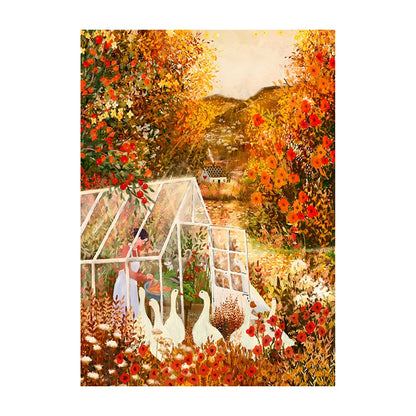 Painting of a woman tending to geese in a garden with autumn foliage.
