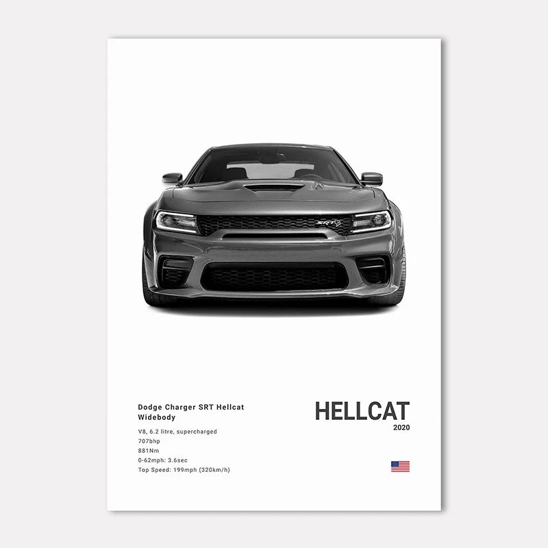 Dodge Charger SRT Hellcat Widebody on a white background with specifications.