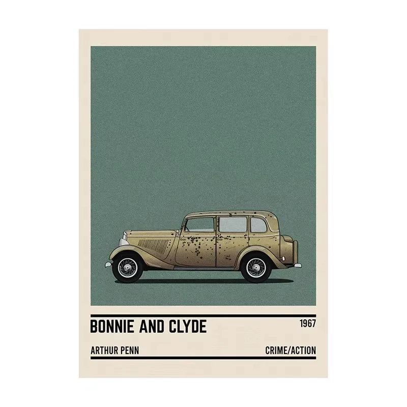 Poster of a vintage car with 'Bonnie and Clyde' text on a green background