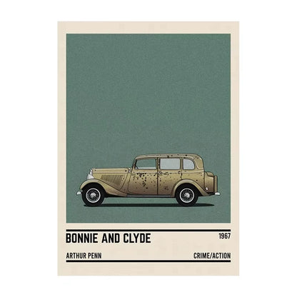 Poster of a vintage car with 'Bonnie and Clyde' text on a green background