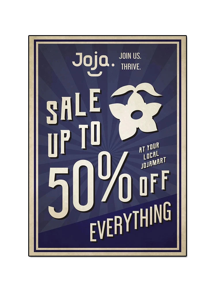 Joja promotional poster with sale announcement and logo on a blue background