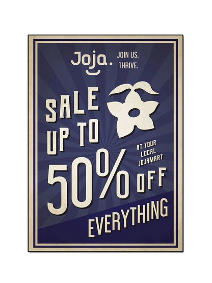 Joja promotional poster with sale announcement and logo on a blue background