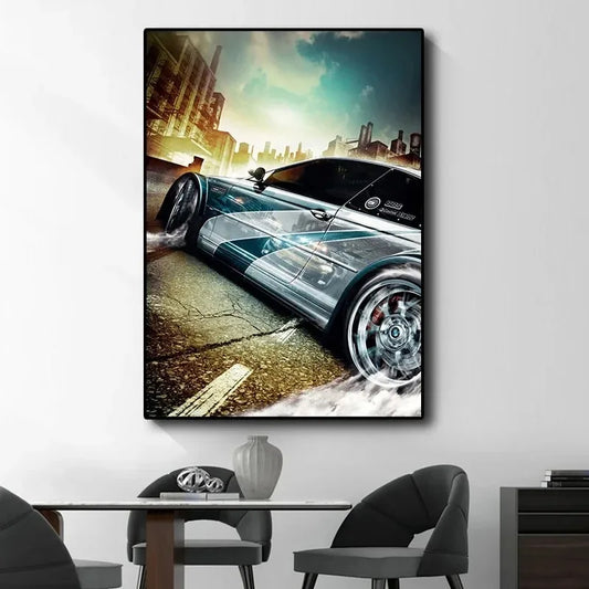 Framed artwork of a car on a city street with a modern interior setting. Canvas & Curio