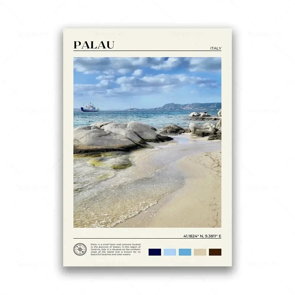Poster of a beach scene with 'Palau Italy' text, featuring a boat and rocky shoreline.