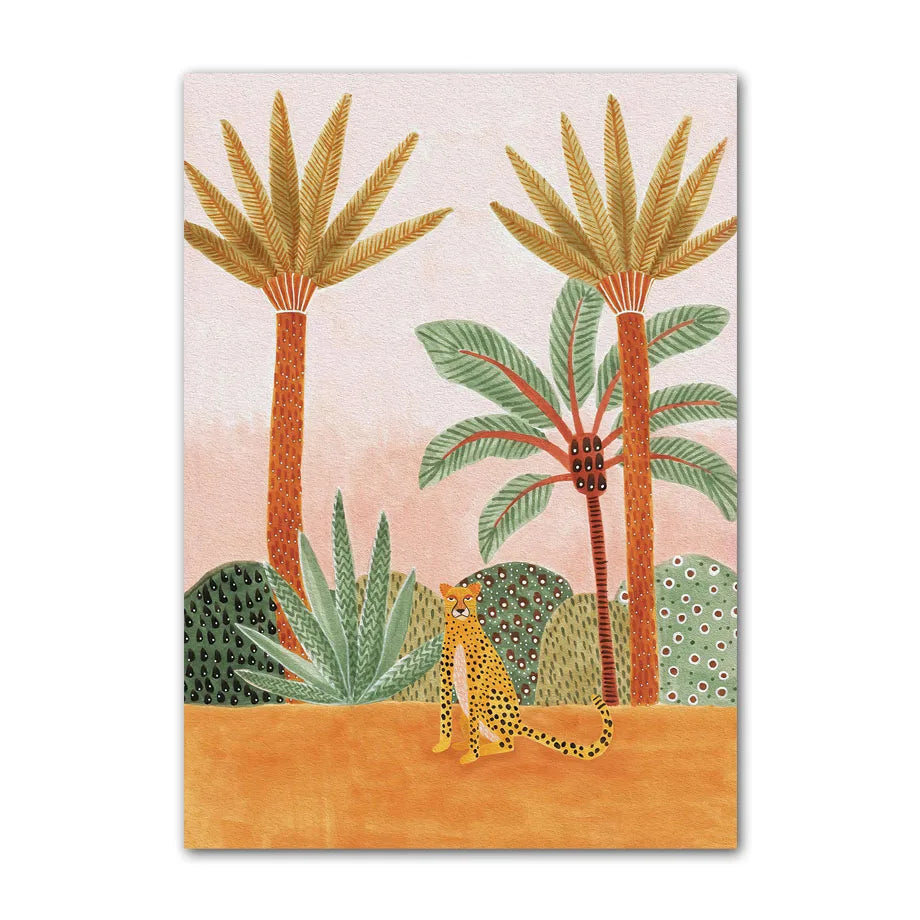 Canvas print with a cheetah and palm trees on a pink background