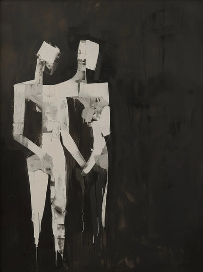 Abstract artwork of a figure made from cut-out paper on a dark background
