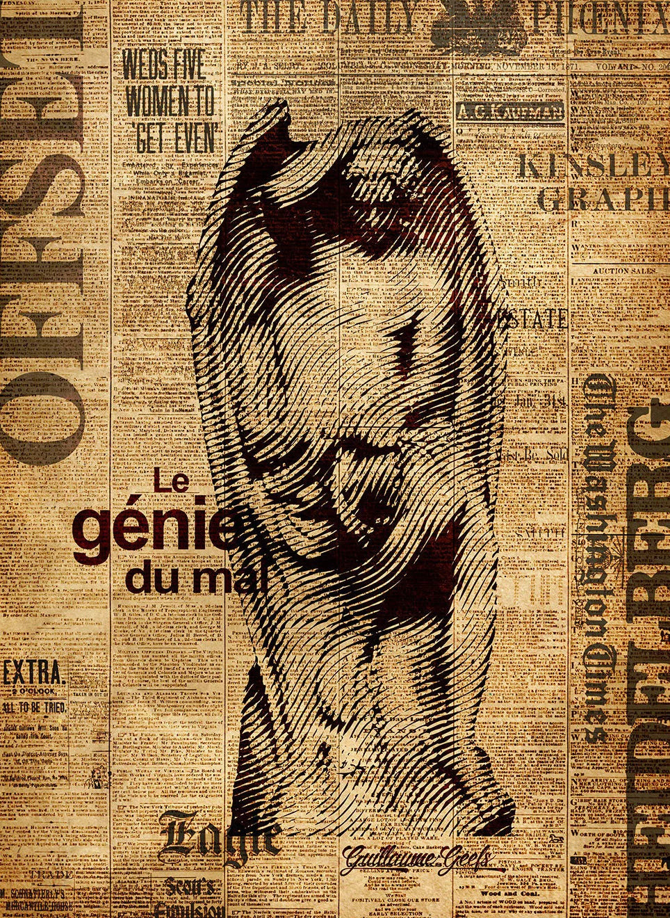 Stylized portrait of a woman on a newspaper background with text overlay