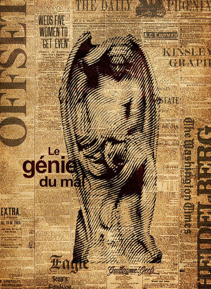 Stylized portrait of a woman on a newspaper background with text overlay