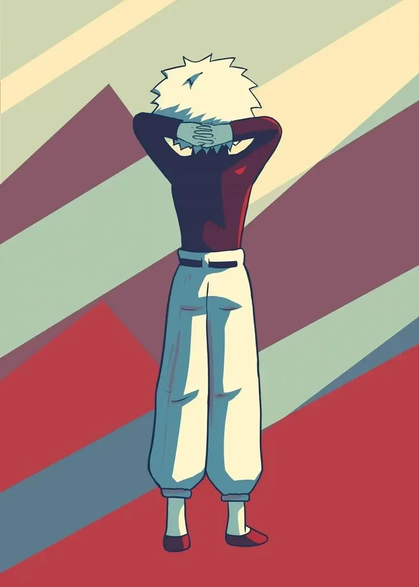 Character with spiky hair and a colorful geometric background