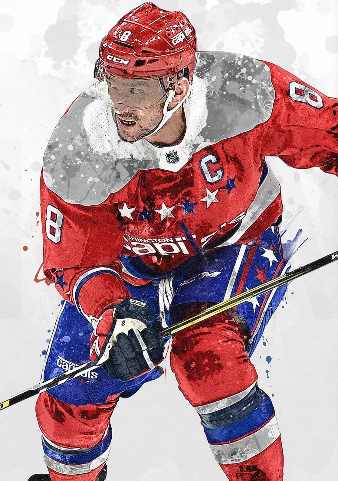 Hockey player in red and blue uniform with star design on a white background